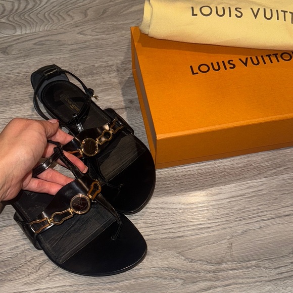 Authentic Louis Vuitton Gold and Black Leather Sandals - Picture 1 of 11